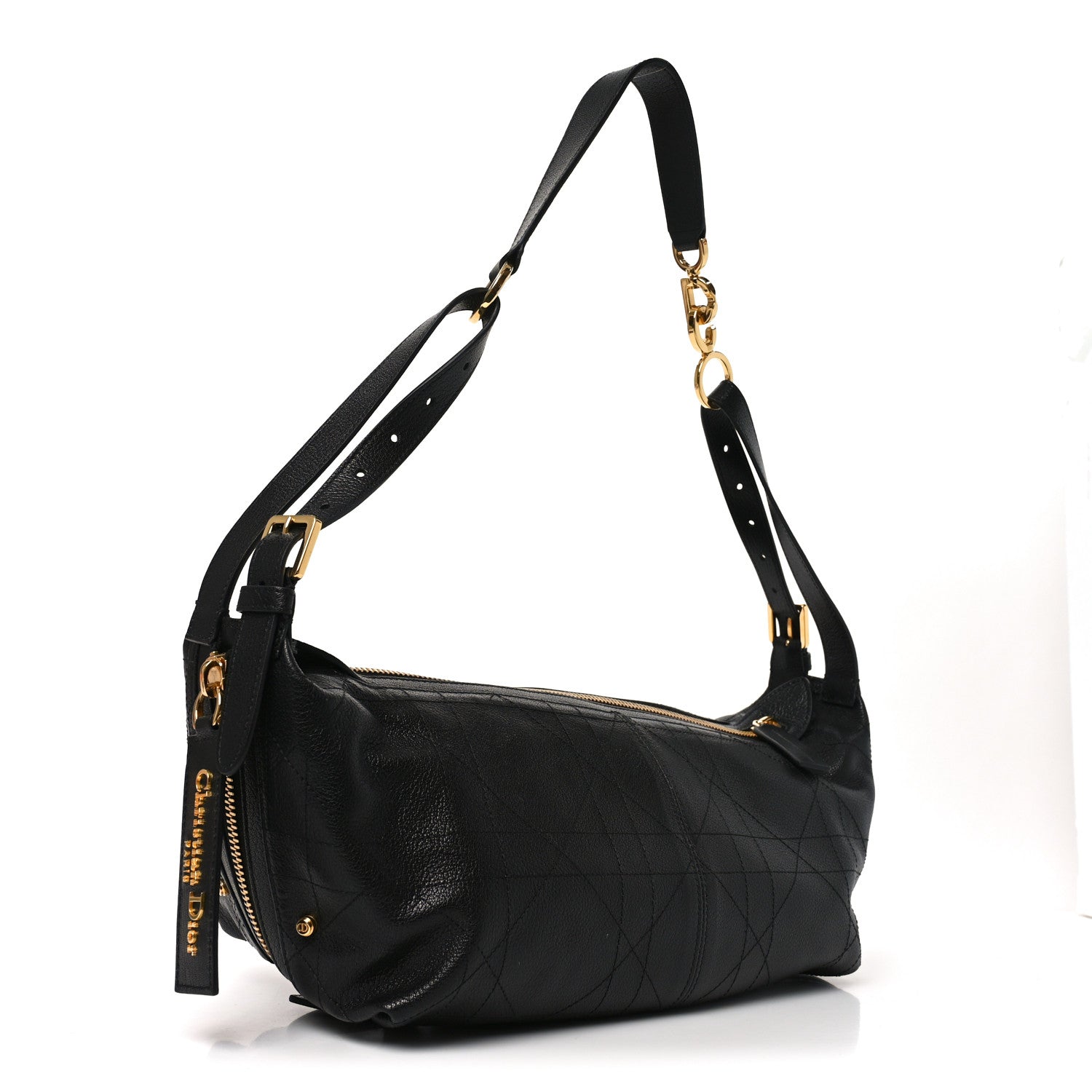 Shiny Grained Calfskin Macrocannage Medium D-Journey Bag Black