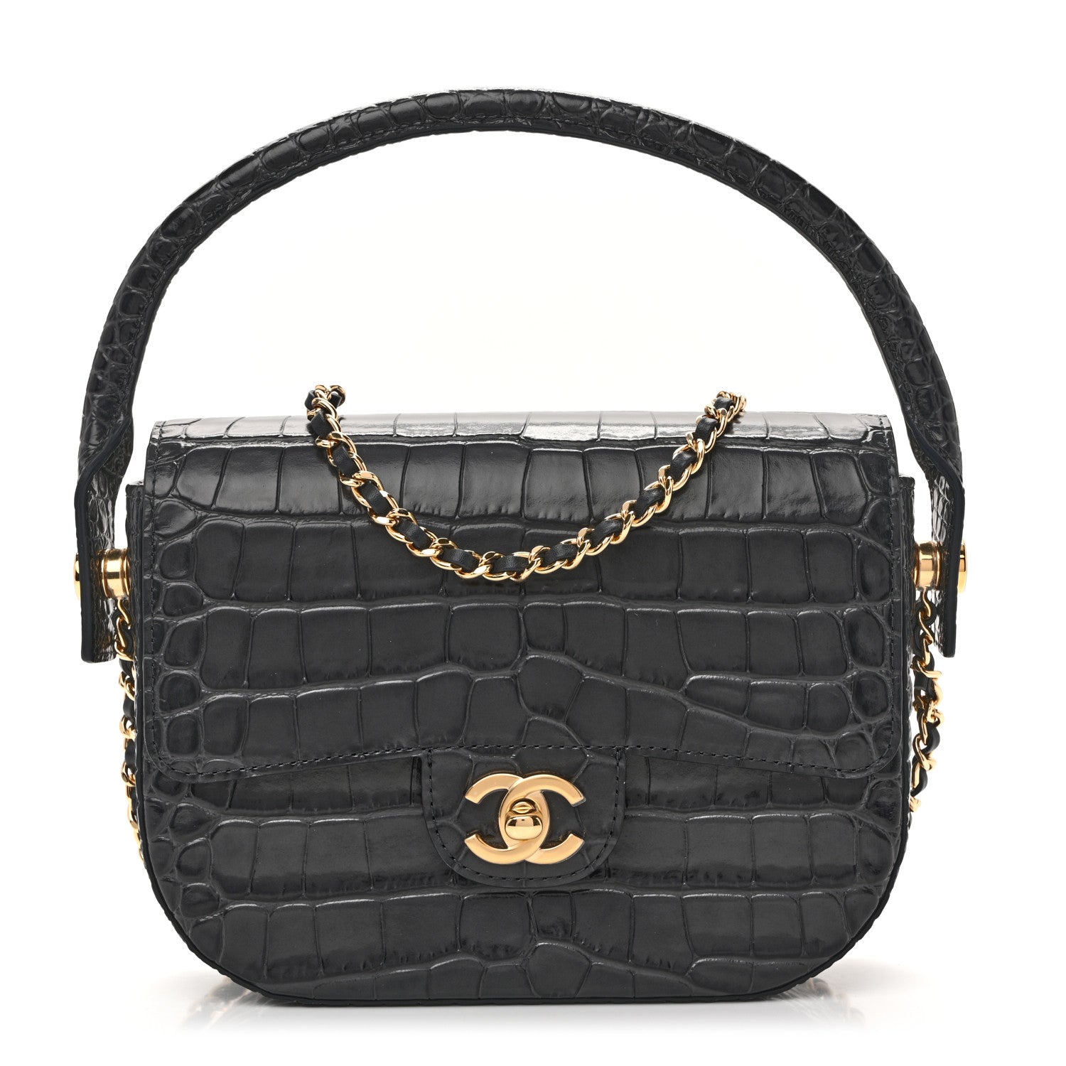 Calfskin Crocodile Embossed Turn Around Mini Flap Dark Grey