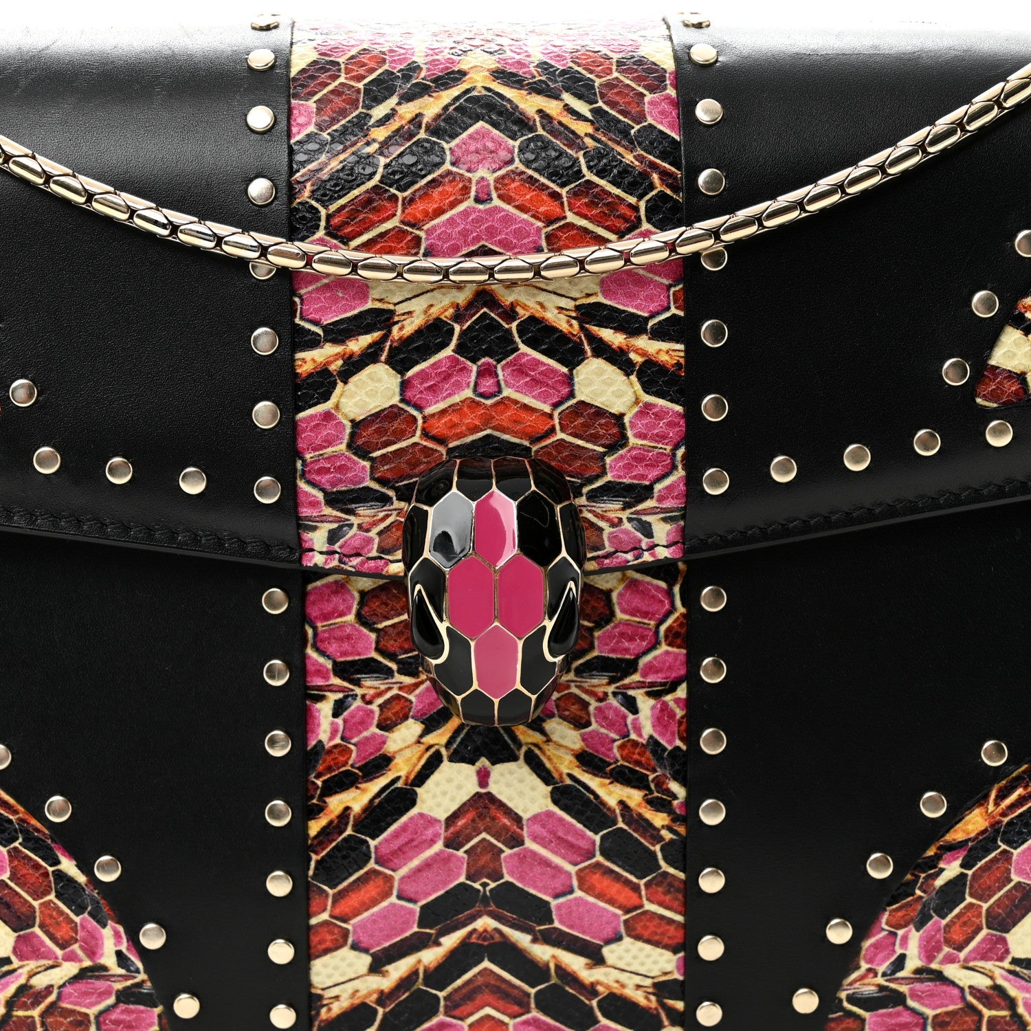 Calfskin Karung Studded Serpenti Forever Shoulder Bag Black Pink Multicolor