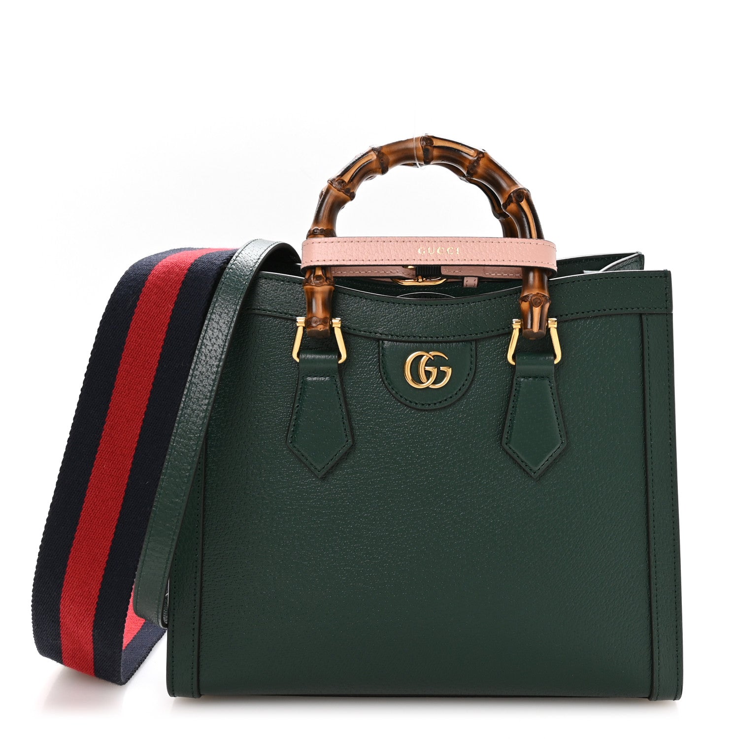 Textured Dollar Calfskin Web Diana Tote Bag Vintage Green Powder Pink