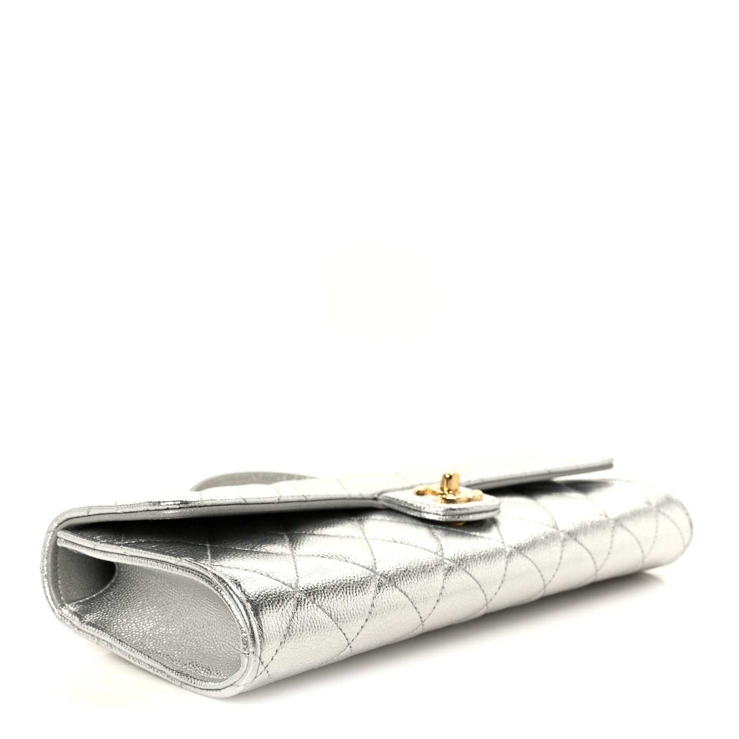Metallic Caviar Quilted Top Handle Long Clutch With Chain Silver