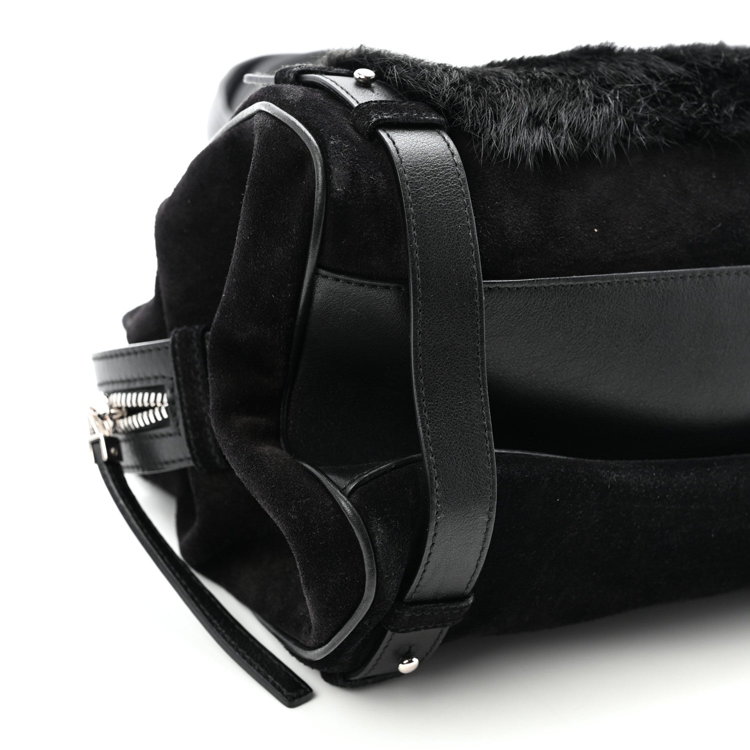 Fur Calfskin Suede Top Handle East West Tote Bag Black