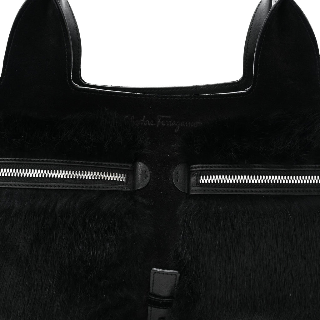 Fur Calfskin Suede Top Handle East West Tote Bag Black