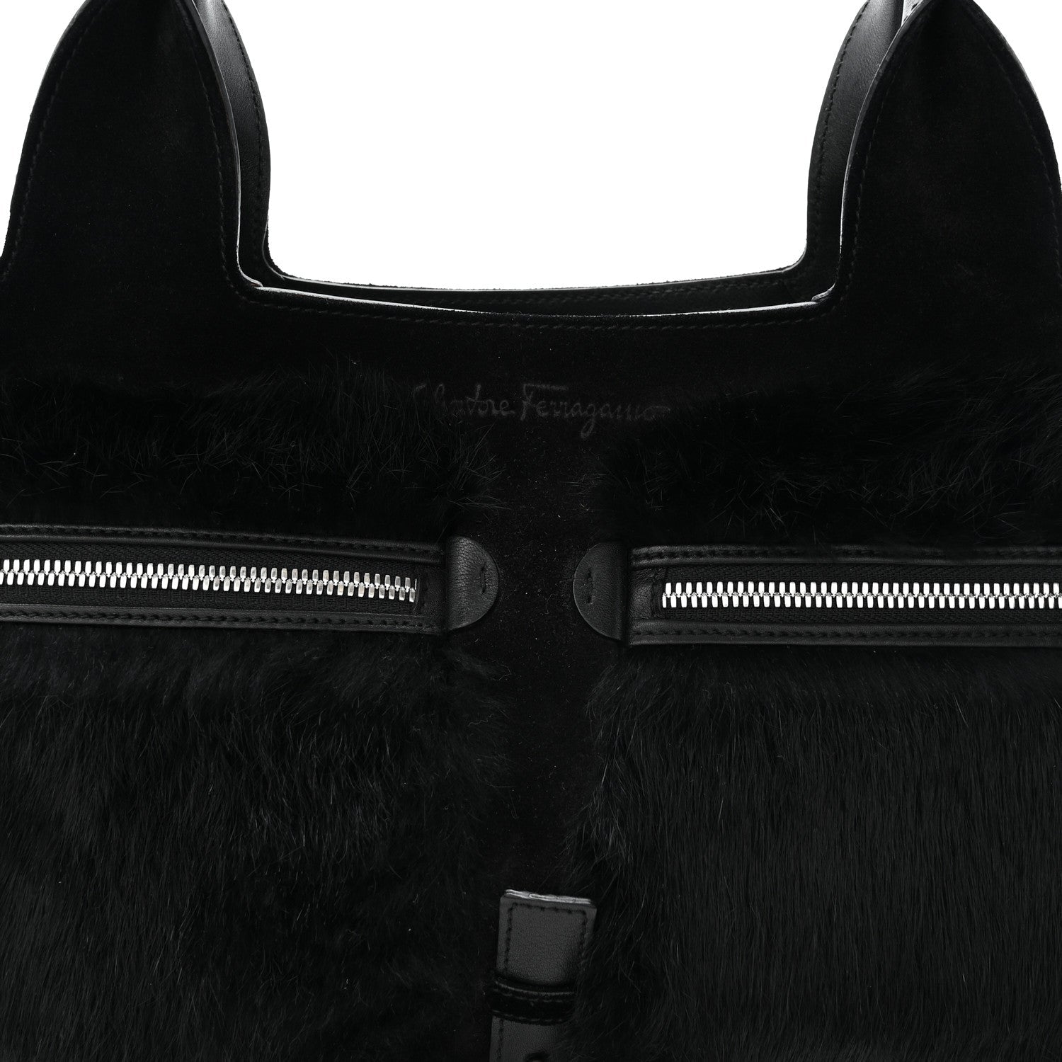 Fur Calfskin Suede Top Handle East West Tote Bag Black
