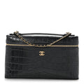 Calfskin Crocodile Embossed Top Handle Vanity Case With Chain Blurgundy Grey