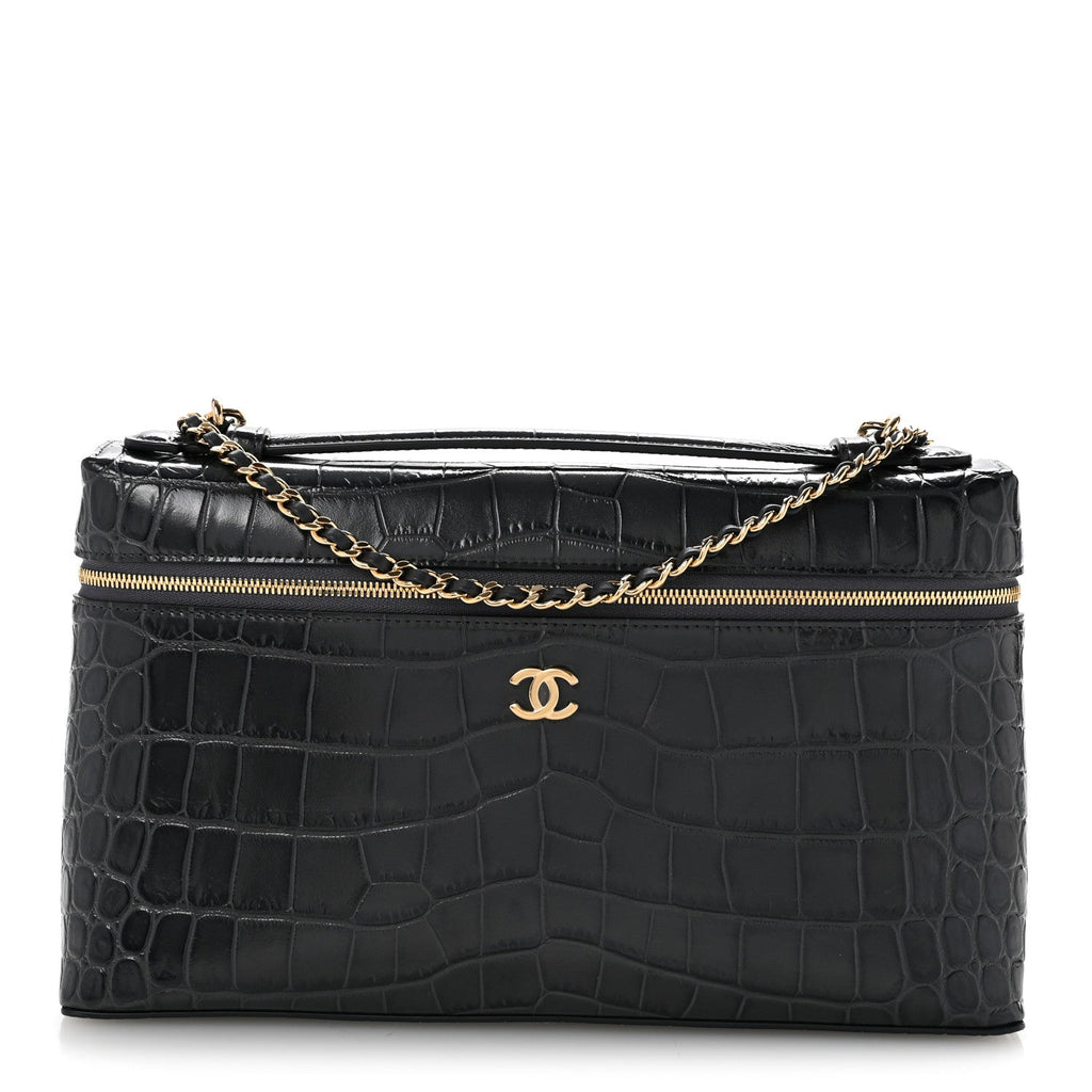 Calfskin Crocodile Embossed Exoticoco Large Supple Trapeze Vanity With Chain Grey
