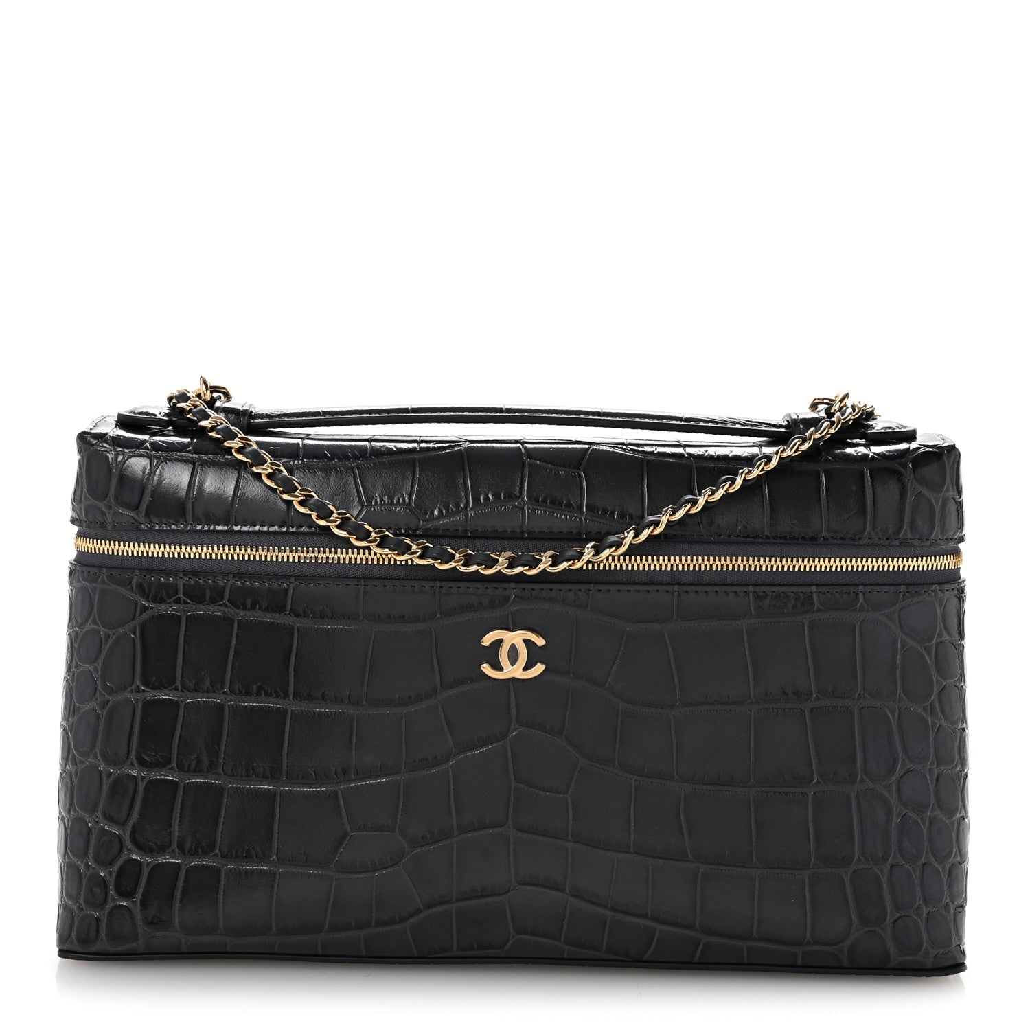Calfskin Crocodile Embossed Exoticoco Large Supple Trapeze Vanity With Chain Grey