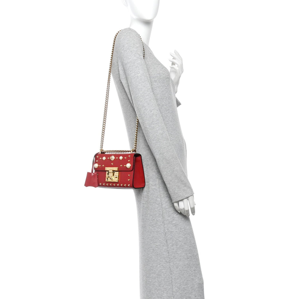 Calfskin Studded Small Padlock Shoulder Bag Hibiscus Red