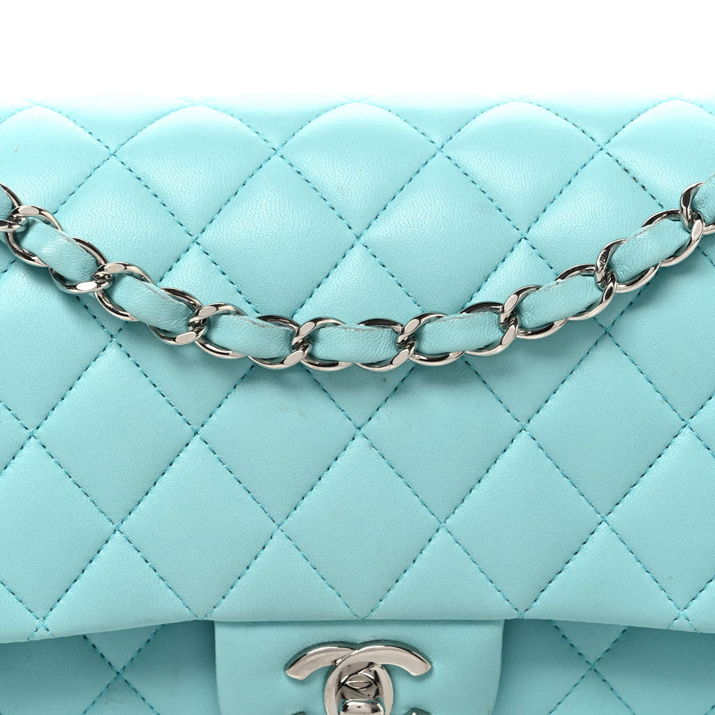 Lambskin Quilted Medium Double Flap Light Blue