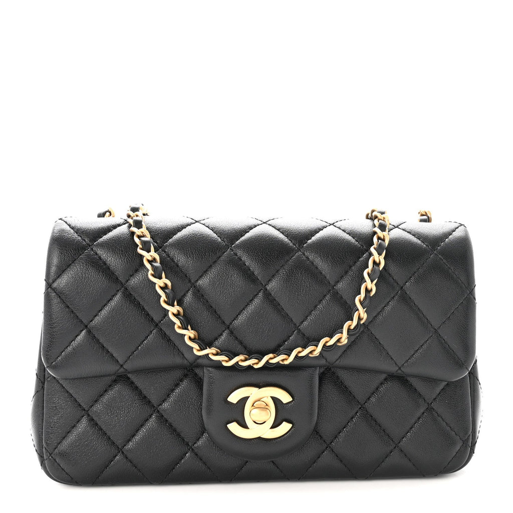 Lambskin Quilted Mini Rectangular Pearl Crush Flap Black