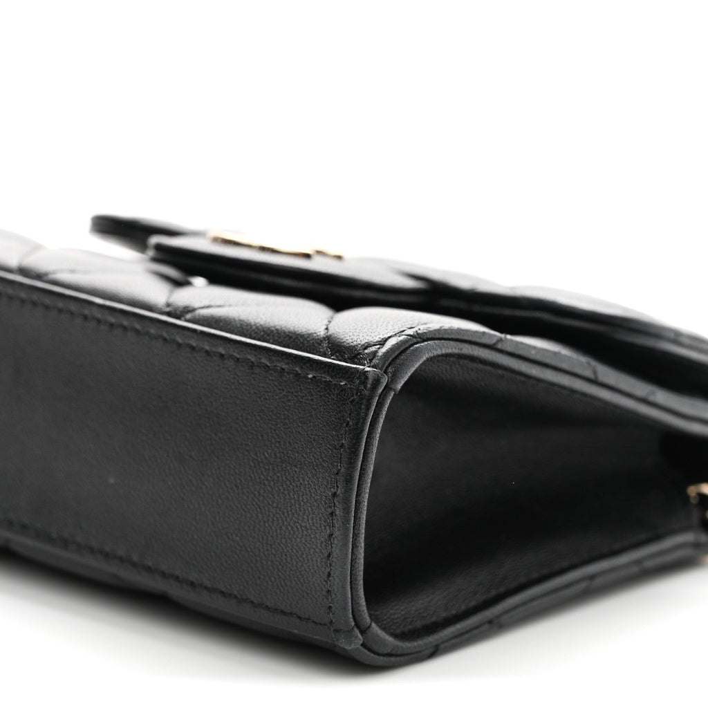 Lambskin Quilted Top Handle Flap Clutch With Chain Black