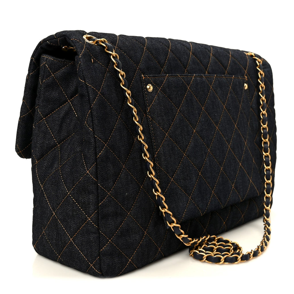 Denim Quilted XXL Travel Flap Bag Dark Blue Orange