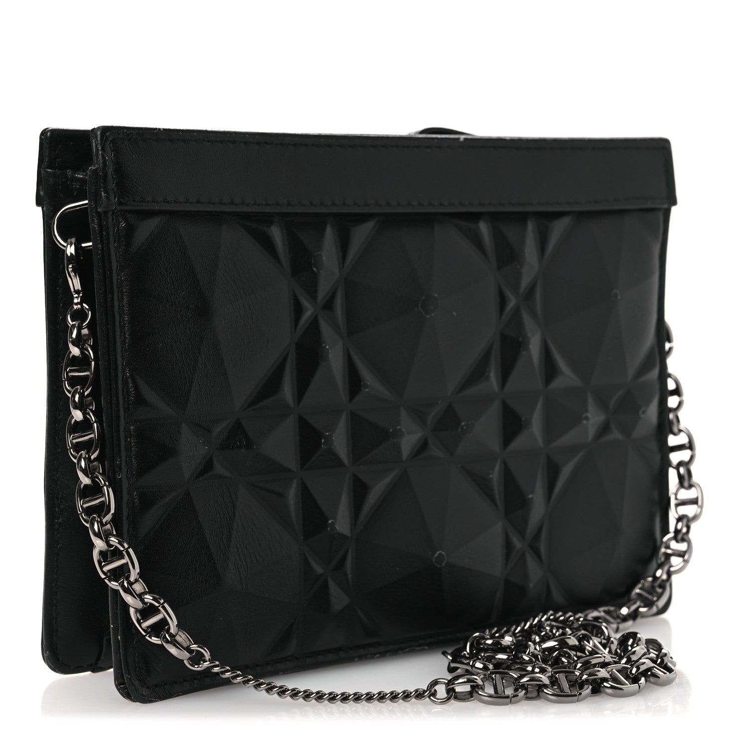 Calfskin Macrocannage Diamond Caro Zipped Pouch With Chain Black