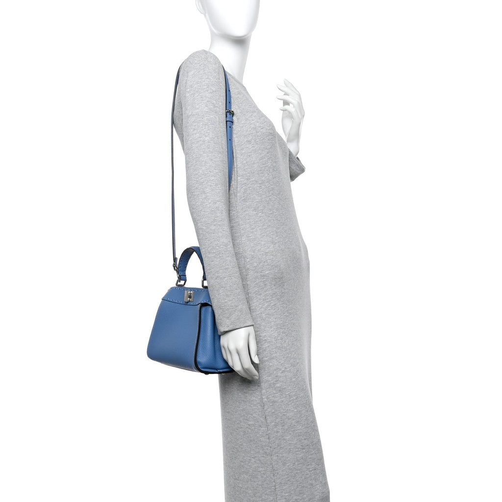 Cuoio Romano Selleria Macro Stitchings Mini Peekaboo Iconic Satchel Argento Blue