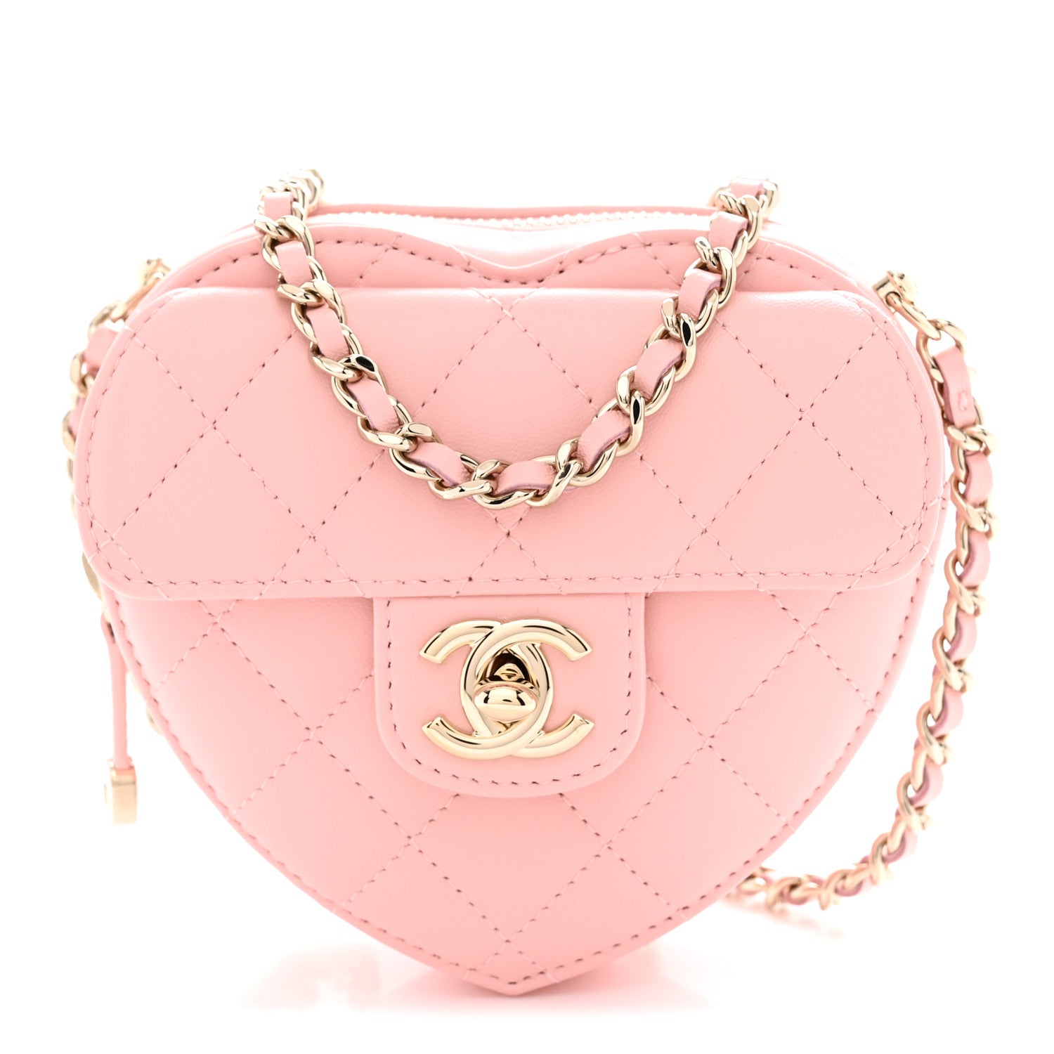 Lambskin Quilted CC In Love Heart Clutch With Chain Light Pink