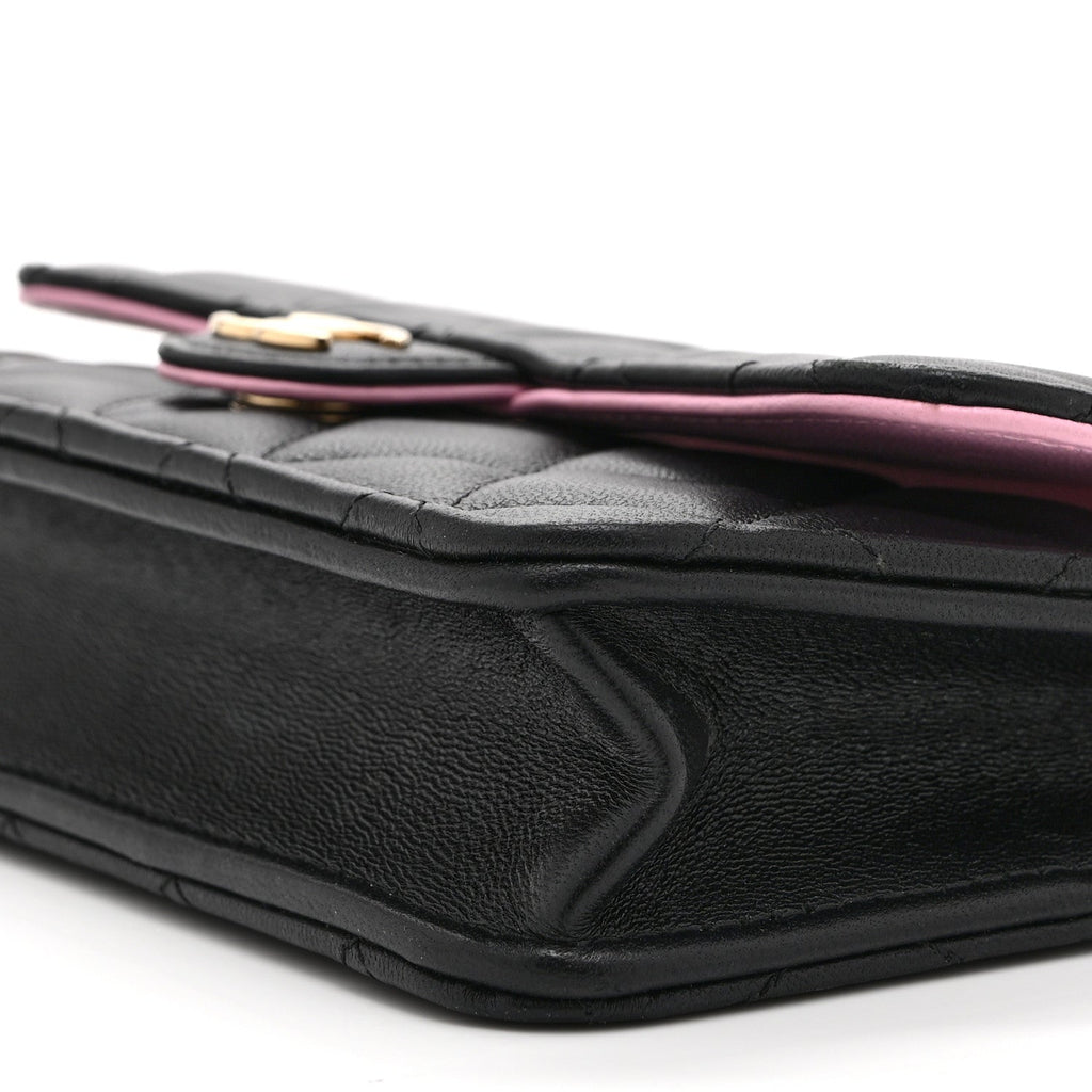 Lambskin Quilted Flap Phone Holder With Chain Black Lilac
