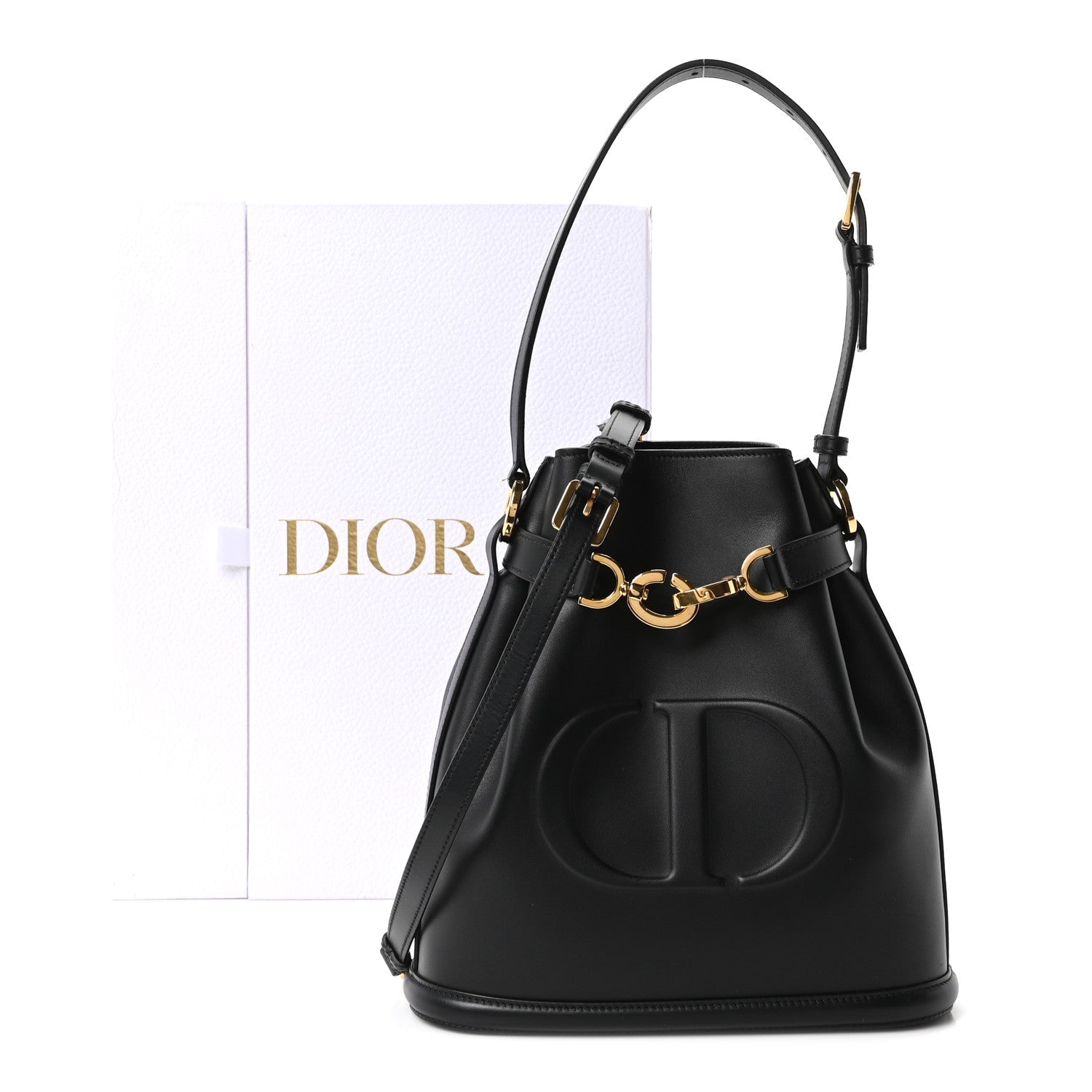 Calfskin CD Embossed Medium C'est Chain Bucket Bag Black