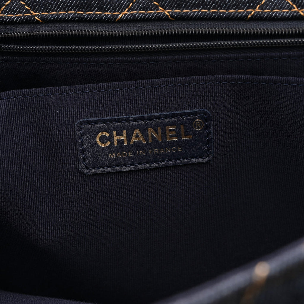 Denim Quilted XXL Travel Flap Bag Dark Blue Orange