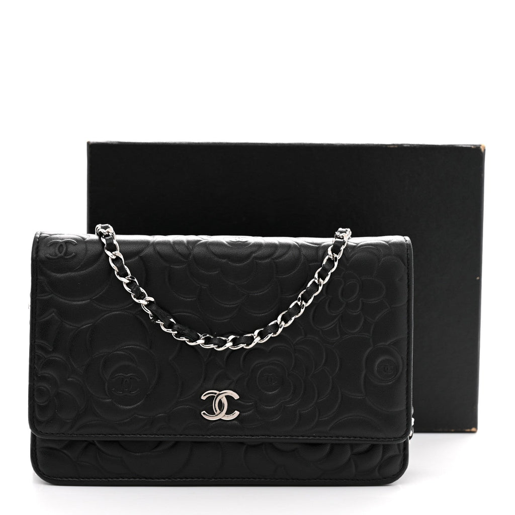 Lambskin Camellia Embossed Wallet On Chain WOC Black