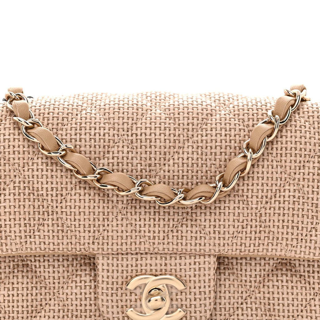 Braided Raffia Quilted Mini Rectangular Flap Dark Beige