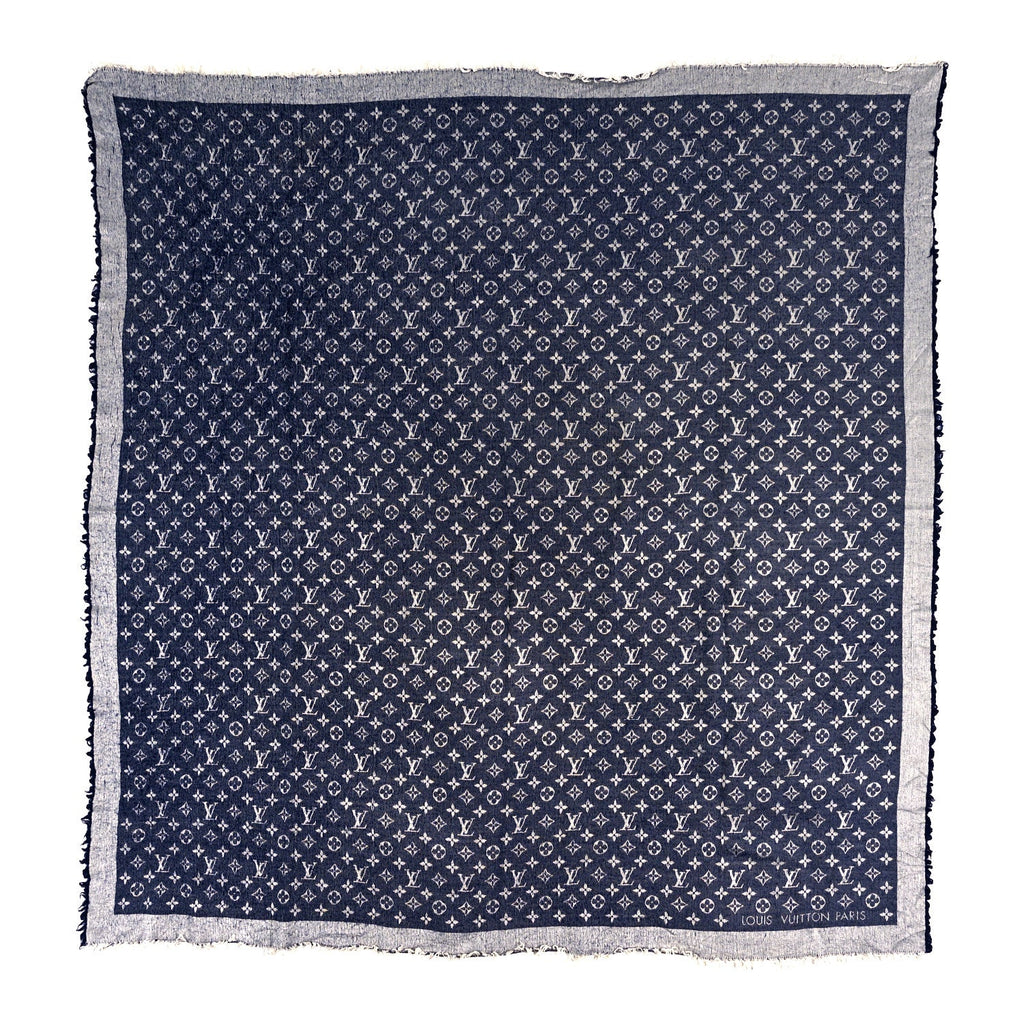 Silk Wool Monogram Denim Shawl Blue