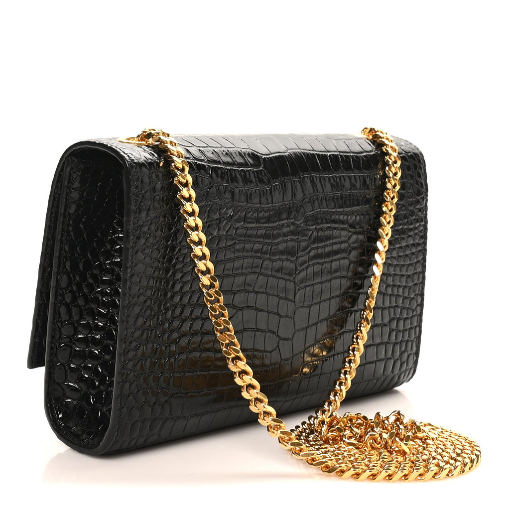 Calfskin Crocodile Embossed Small Classic Monogram Kate Tassel Satchel Black