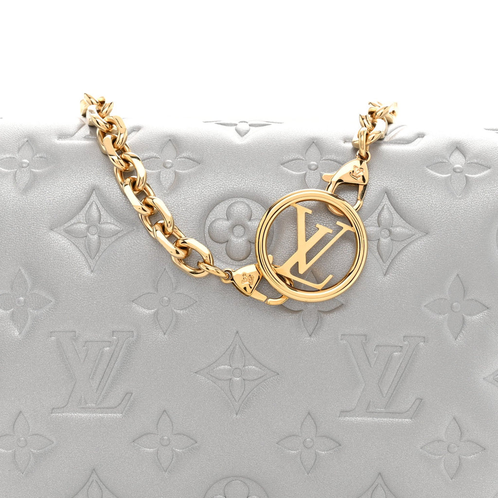 Metallic Lambskin Embossed Monogram Pochette Coussin Silver