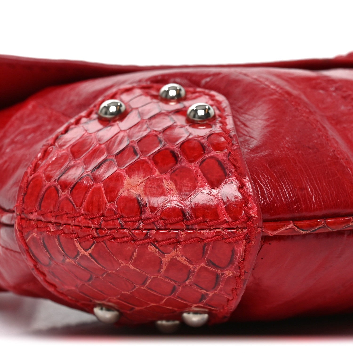 Snakeskin Eel O-Ring Baguette Shoulder Bag Red