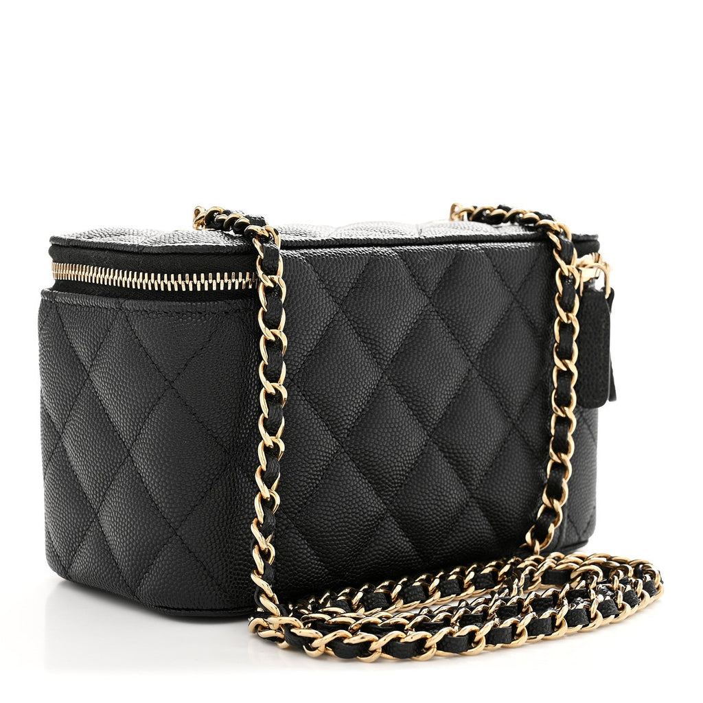 Caviar Quilted Small Tiny CC Vanity Case With Chain Black