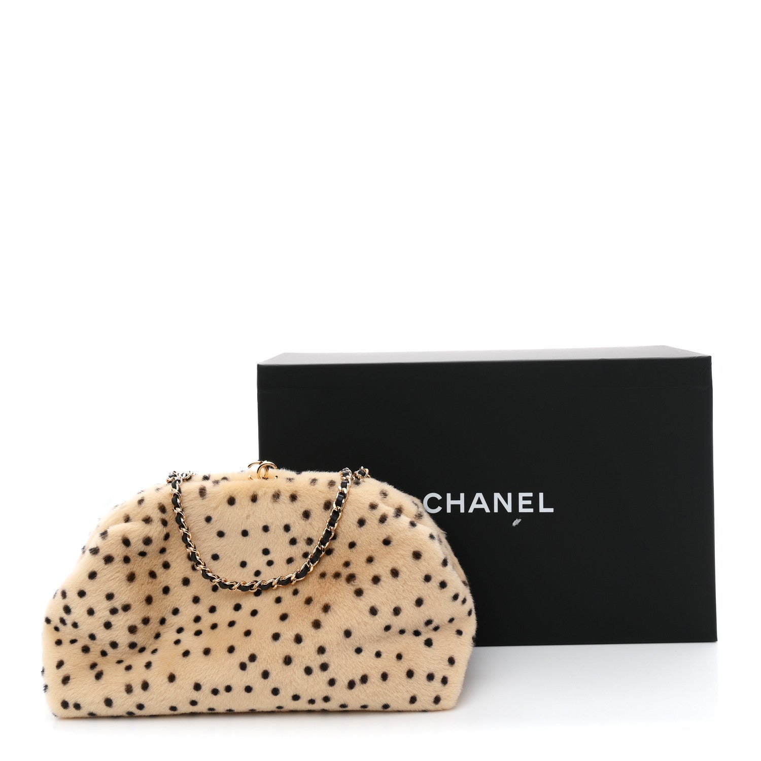 Pony Hair Cheetah Printed Lambskin Clutch With Chain Beige Black