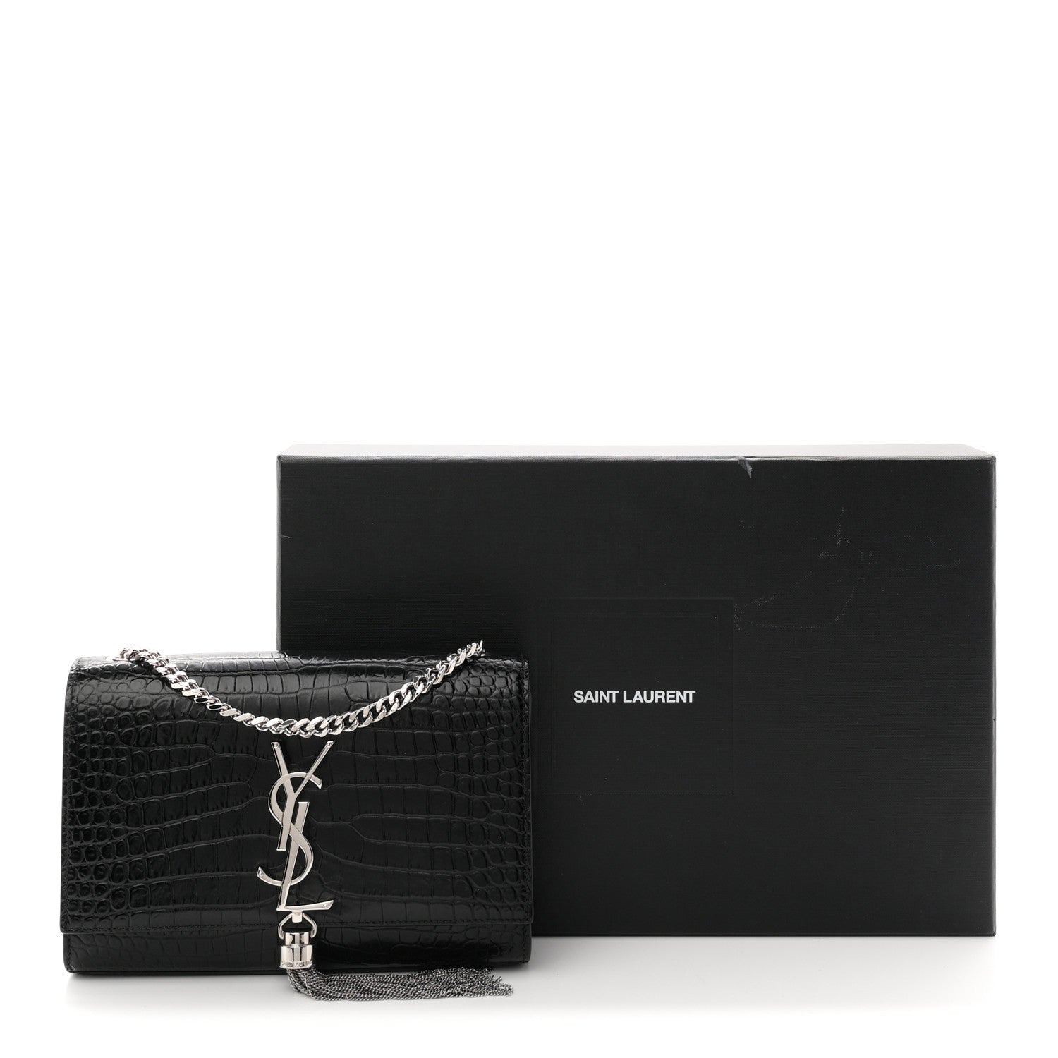 Calfskin Crocodile Embossed Small Classic Monogram Kate Tassel Satchel Black