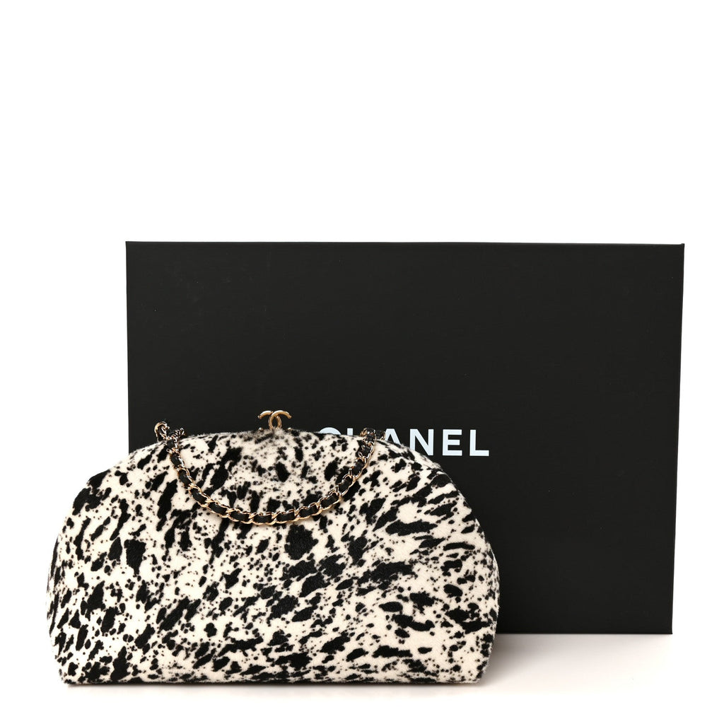 Lambskin Pony Hair Printed Clutch With Chain Black White
