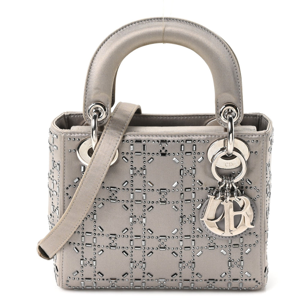 Satin Crystal Cannage Mini Lady Dior Gray