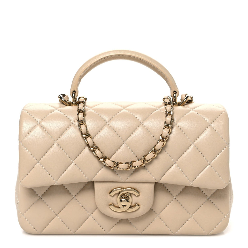 Lambskin Quilted Mini Top Handle Rectangular Flap Beige
