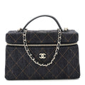 Denim Quilted Top Handle Slim Vanity Case With Chain Dark Blue Orange