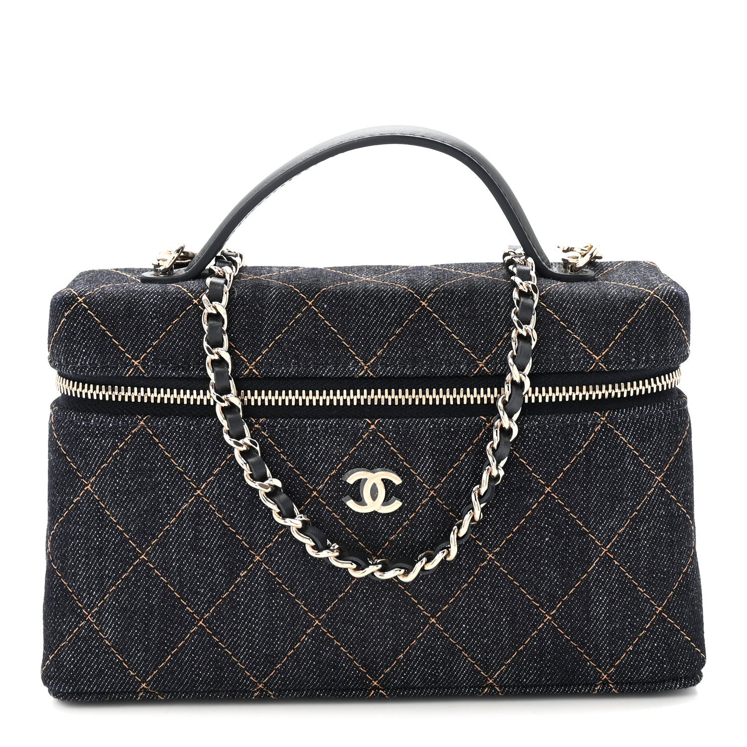 Denim Quilted Top Handle Slim Vanity Case With Chain Dark Blue Orange
