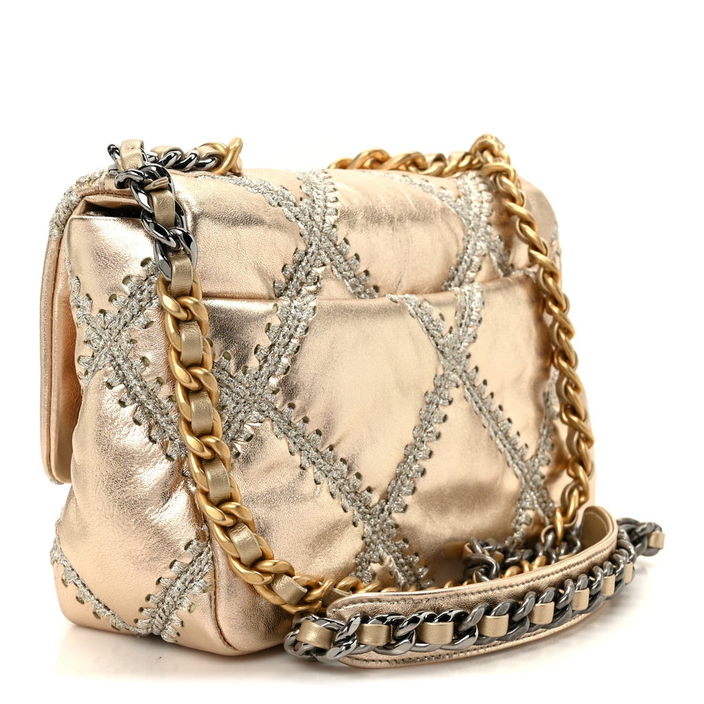 Metallic Calfskin Crochet Medium Chanel 19 Flap Gold