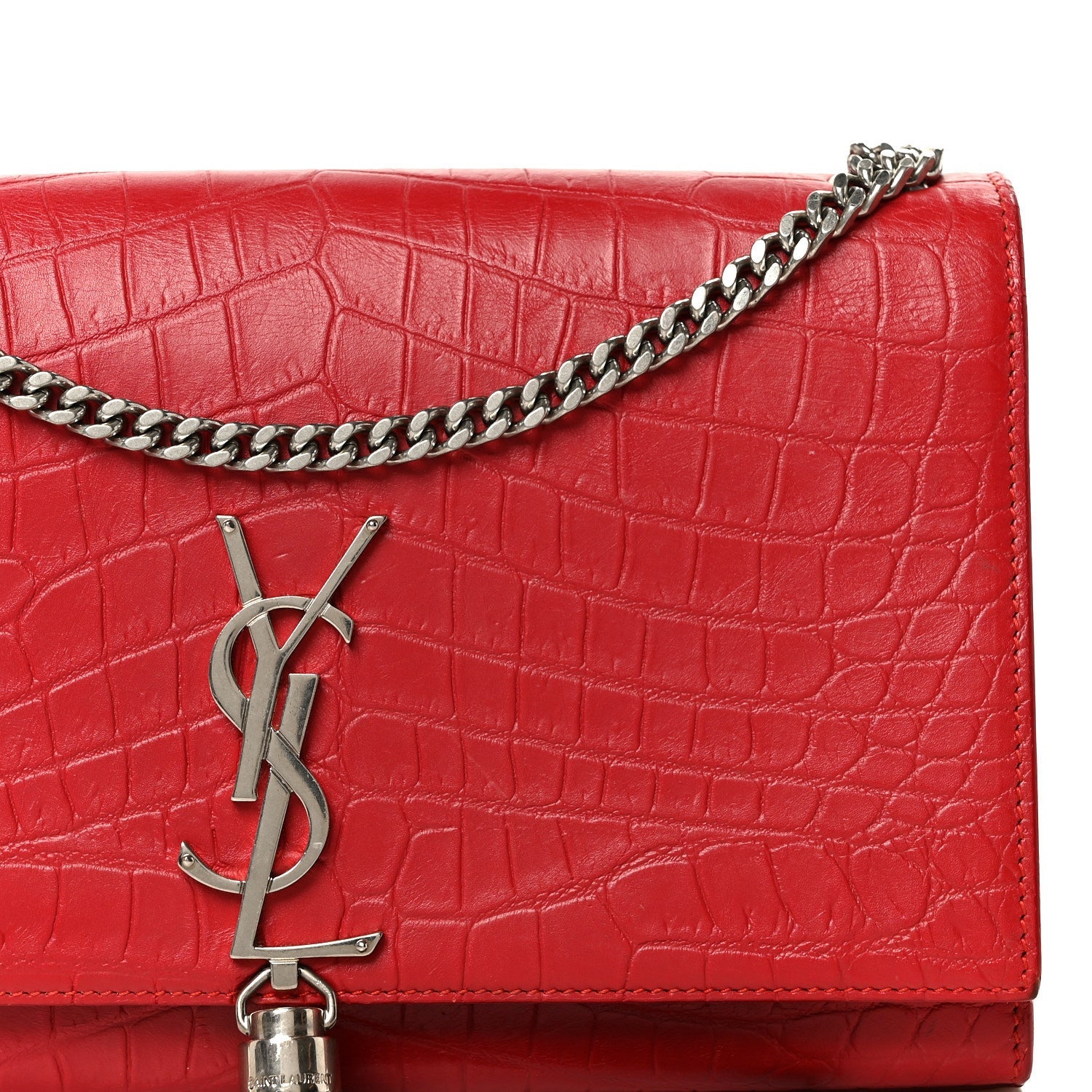 Calfskin Crocodile Embossed Medium Classic Monogram Kate Tassel Satchel New Red