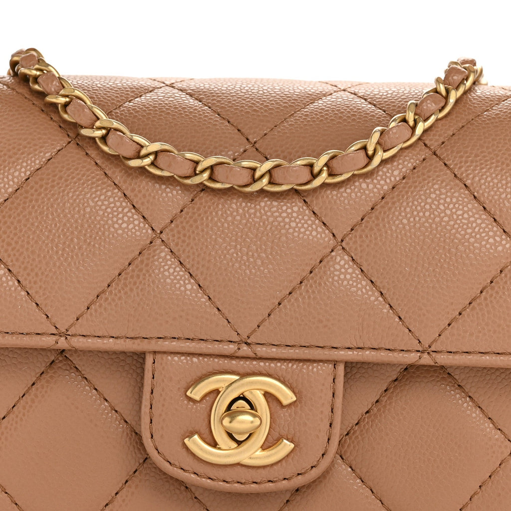 Shiny Caviar Quilted Mini Top Handle Flap Bag Camel