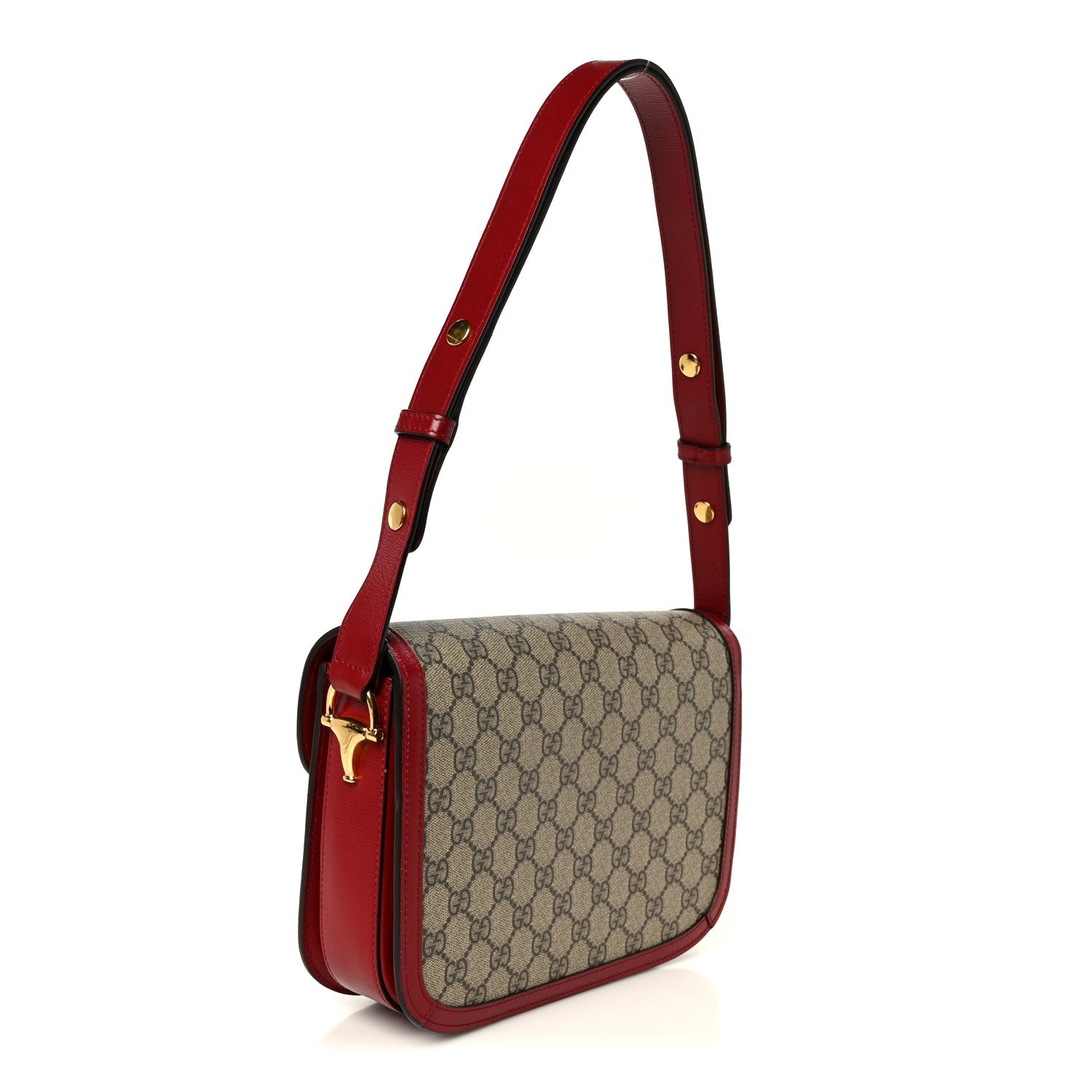 GG Supreme Monogram Azalea Calfskin Horsebit 1955 Shoulder Bag Beige Ebony New Cherry Red
