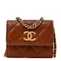 Lambskin Quilted Studded CC Clutch With Chain Brown