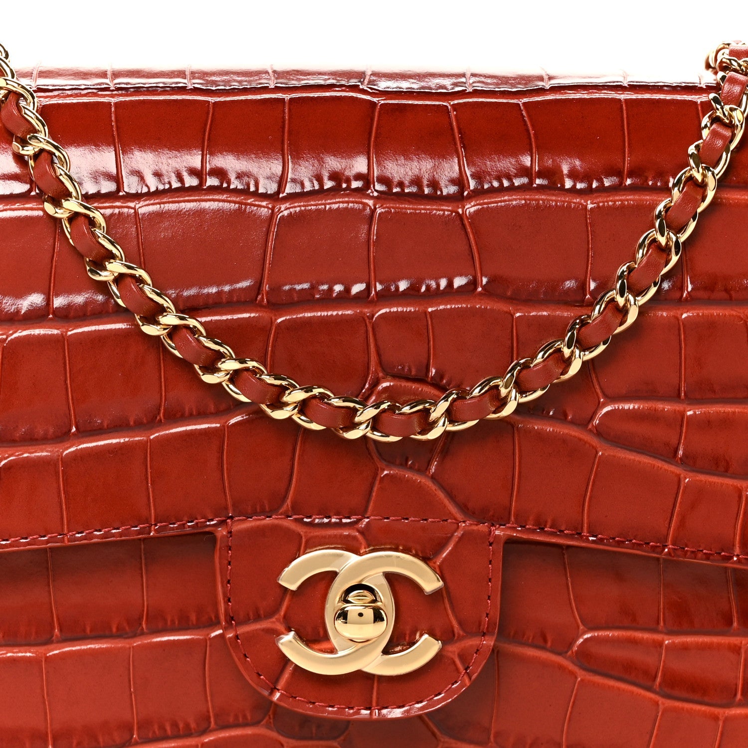 Calfskin Crocodile Embossed Turn Around Mini Flap Burgundy