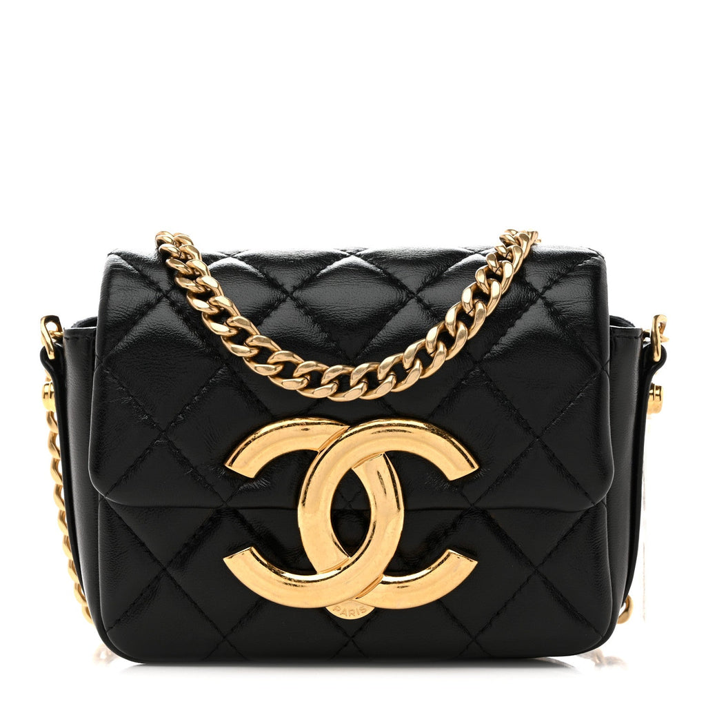 Shiny Crumpled Lambskin Quilted Mini Giant CC Flap Black Black