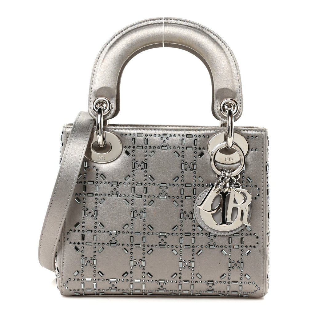 Satin Crystal Cannage Mini Lady Dior Gray