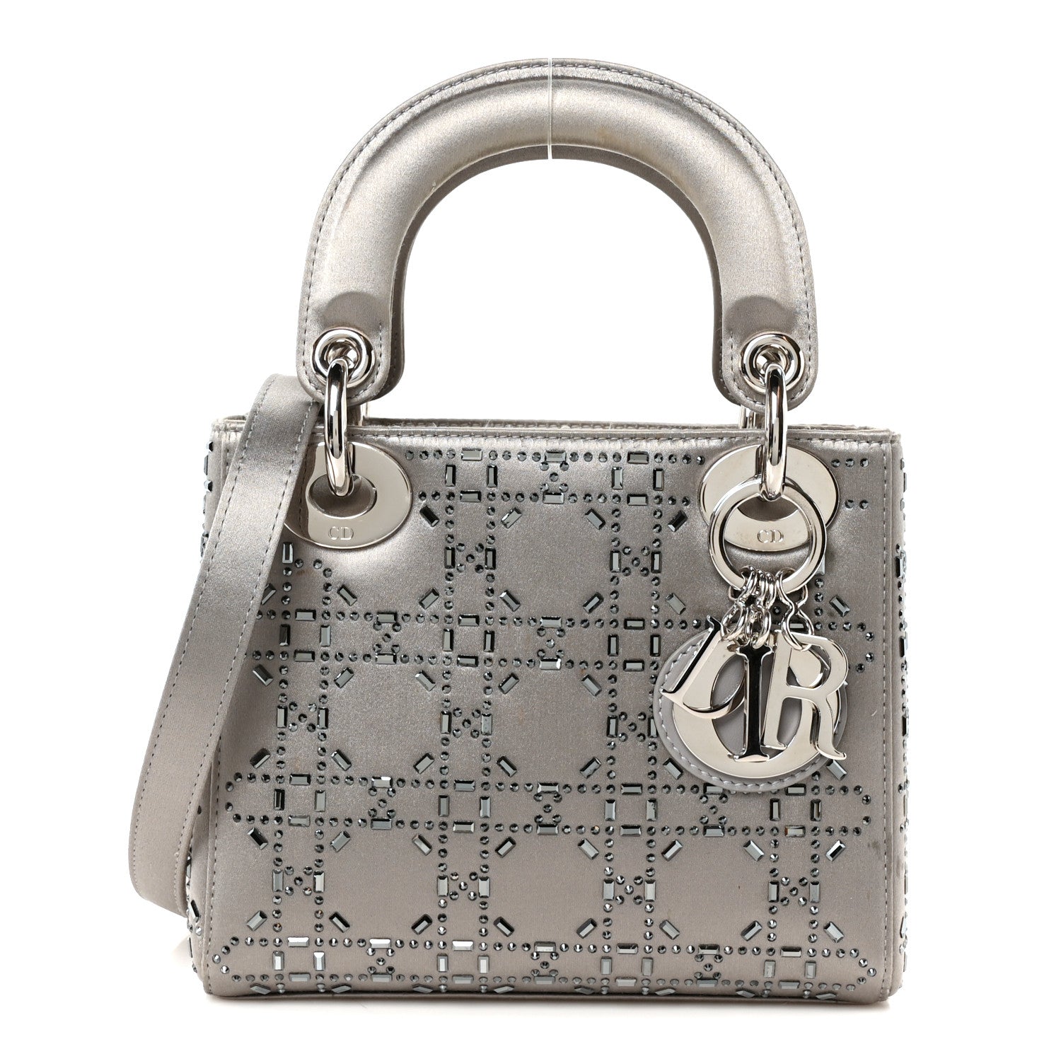 Satin Crystal Cannage Mini Lady Dior Gray