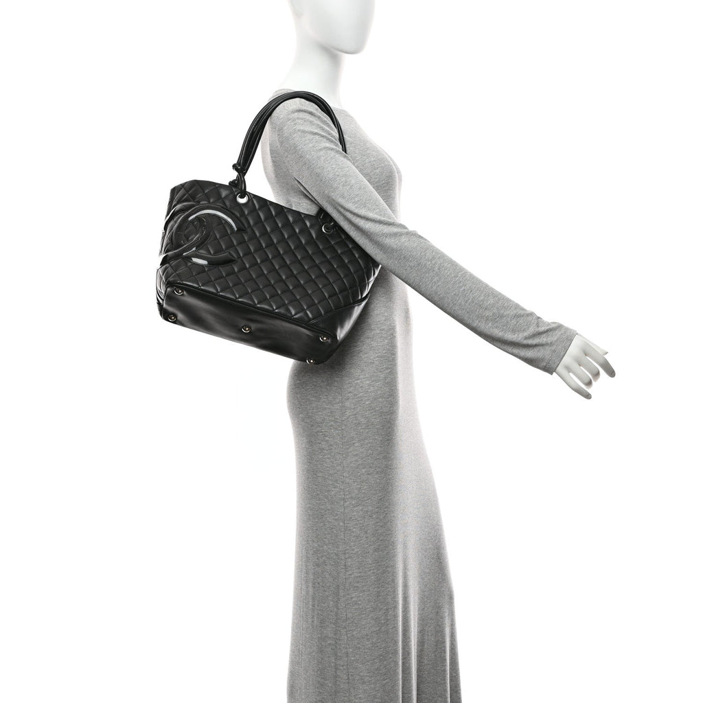 Calfskin Quilted Large Cambon Tote Black