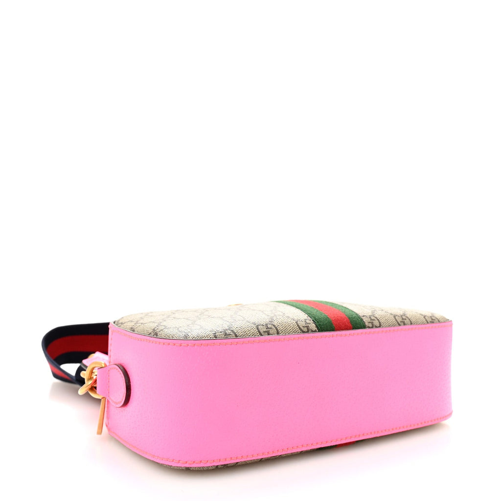 GG Supreme Monogram Textured Dollar Calfskin Web Ophidia Small Crossbody Bag Beige Ebony Fuchsia