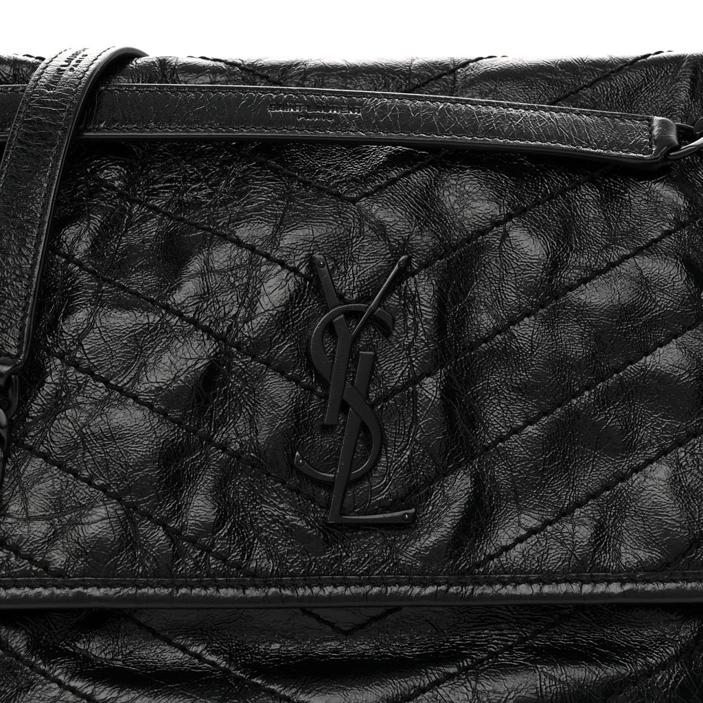 Crinkled Calfskin Matelasse Monogram Medium Niki Chain Satchel Black