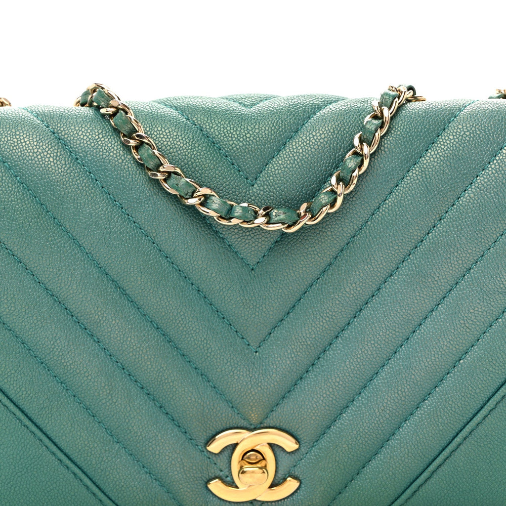 Metallic Caviar Chevron Quilted Small Statement Flap Turqouise