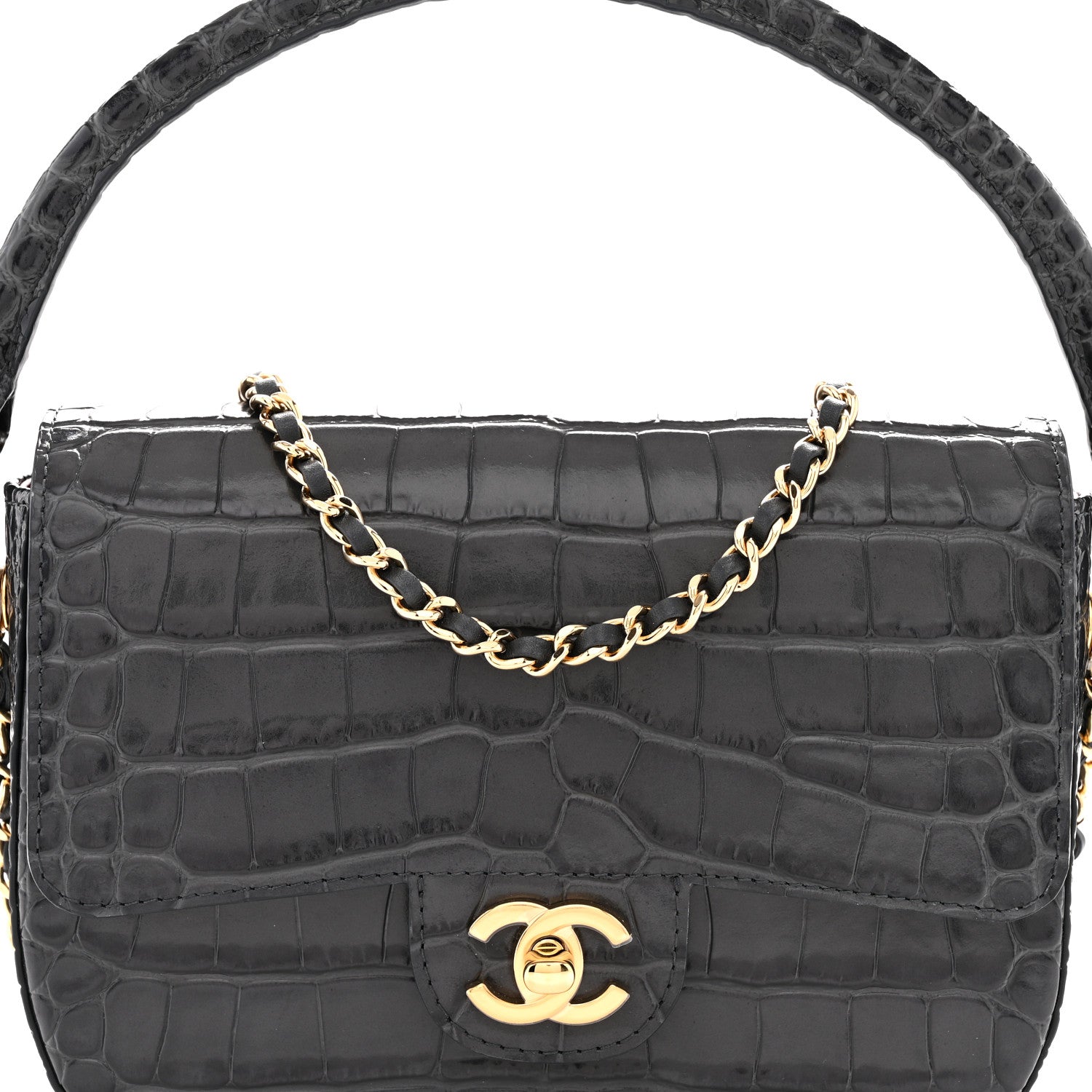 Calfskin Crocodile Embossed Turn Around Mini Flap Dark Grey Dark Grey